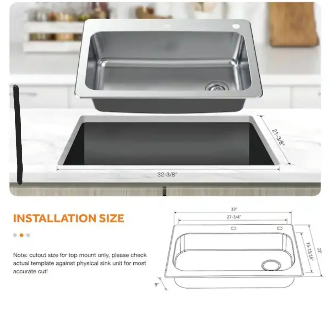 Stainless Steel Kitchen Sink 33" x 22" x 9" image indicator(9)