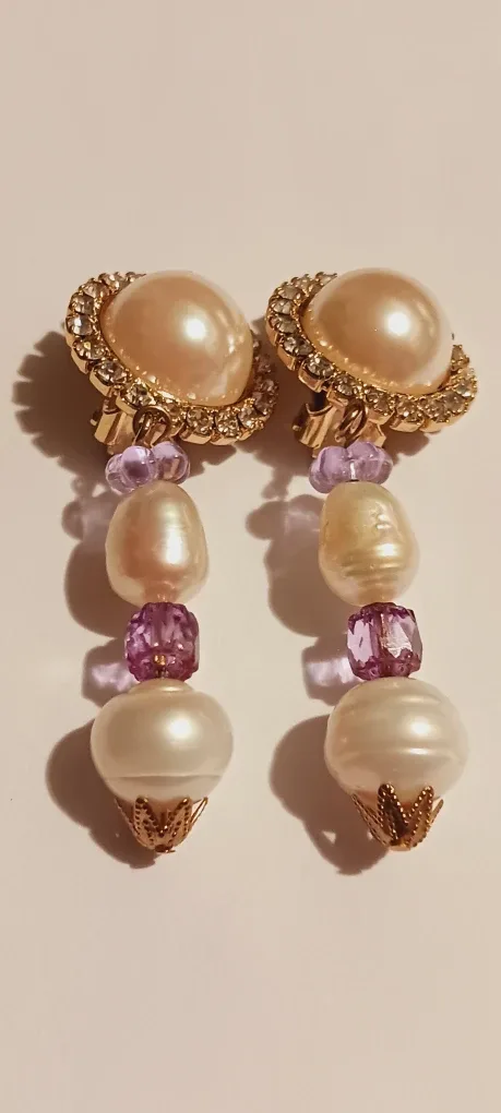 Freshwater Pearl & Purple Beads Dangle Earrings image indicator(2)