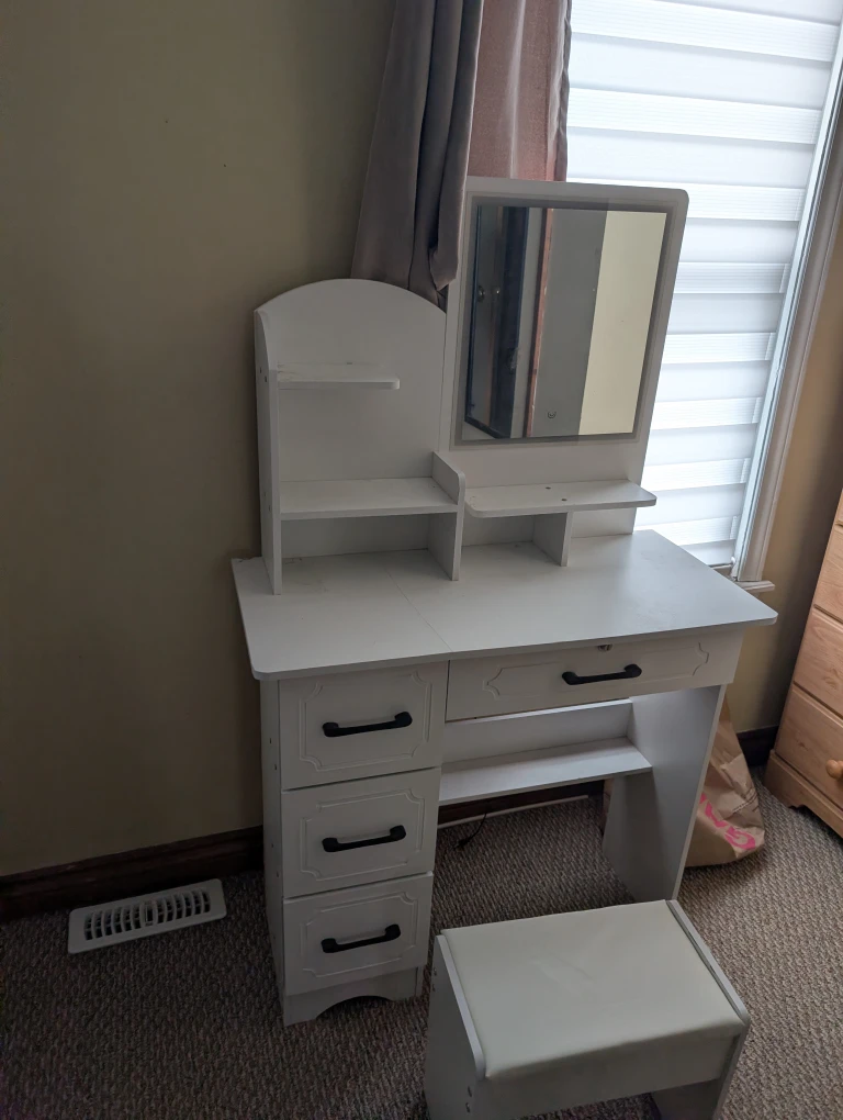 White Vanity Table with Mirror and Stool