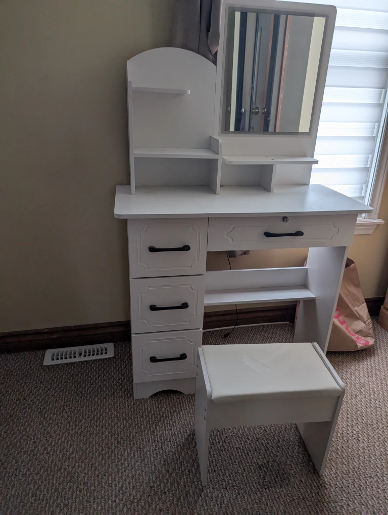 White Vanity Table with Mirror and Stool - photo 2