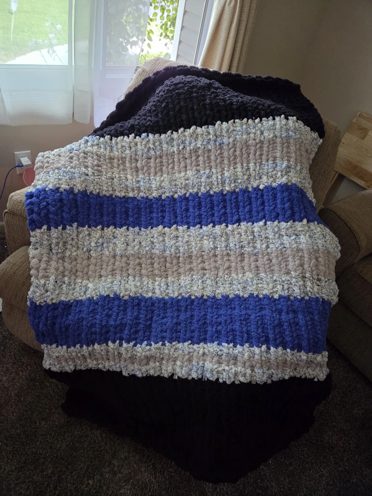 Handmade Chunky Knit Blanket - Blue, Gray, Black