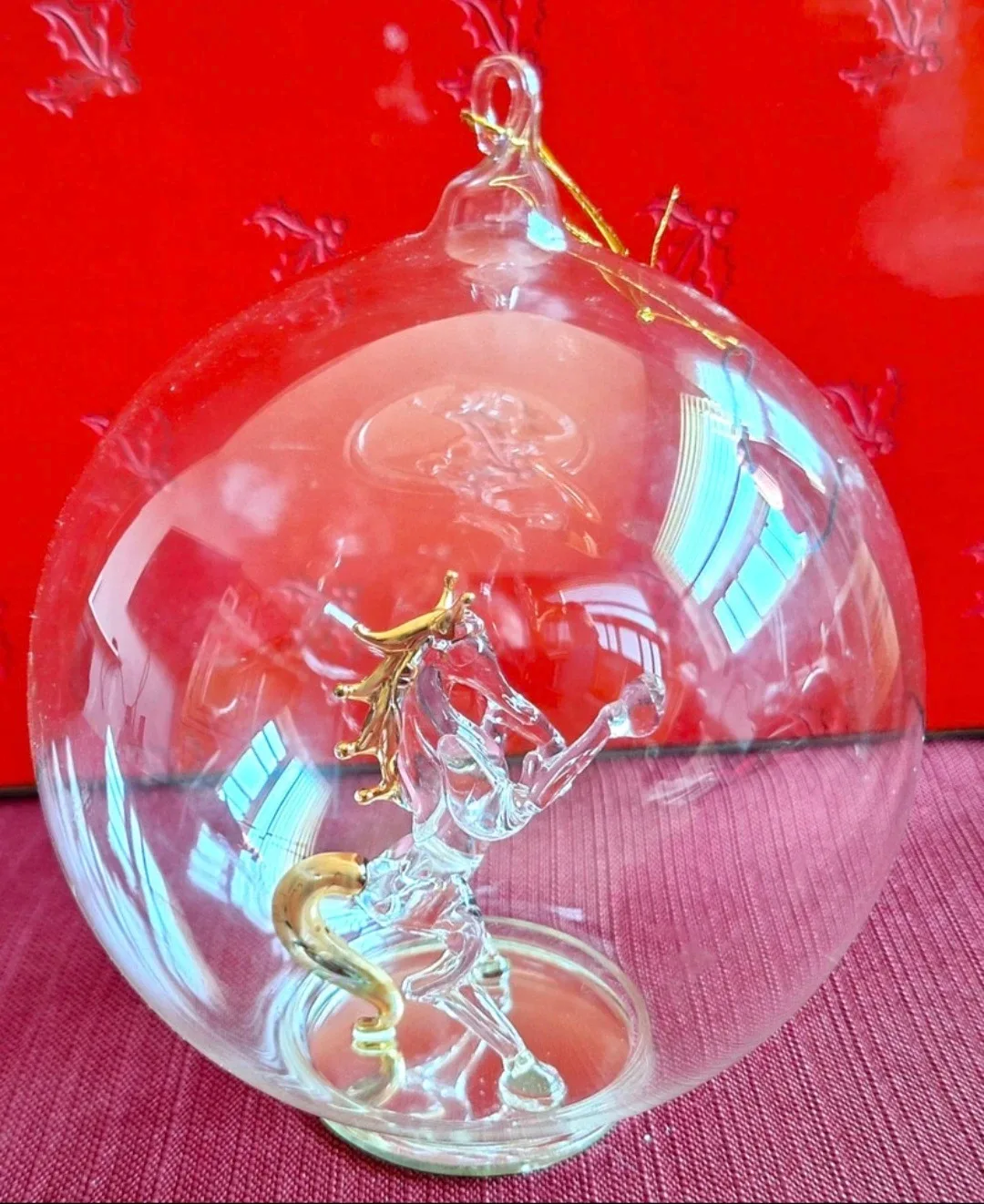 Vtg. Clear Glass Globe with GLASS HORSE Tree Ornament from Sears