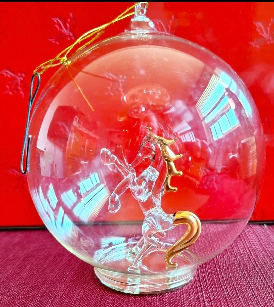 Vtg. Clear Glass Globe with GLASS HORSE Tree Ornament from Sears image indicator(3)