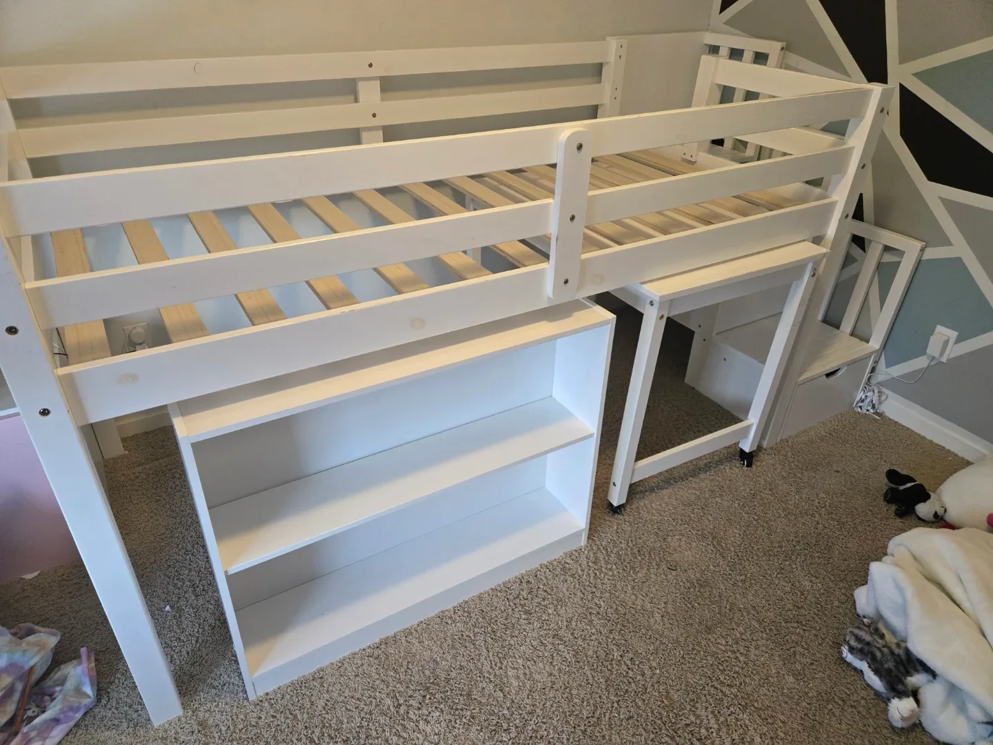 Twin White Loft Bed with Desk and Shelves