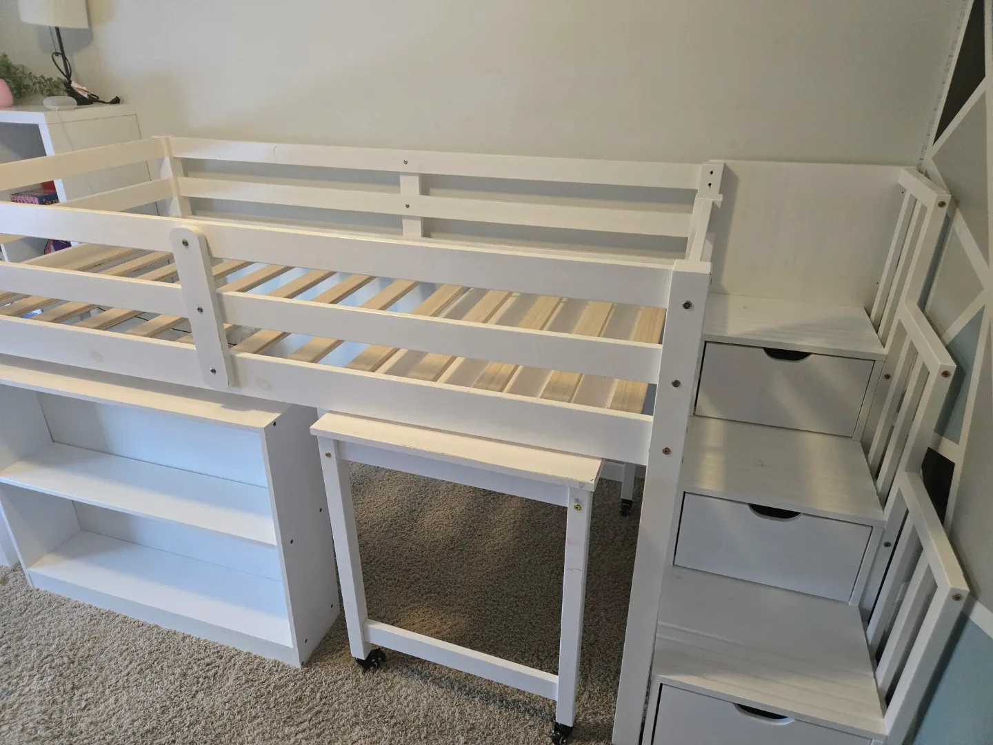 Twin White Loft Bed with Desk and Shelves image indicator(2)