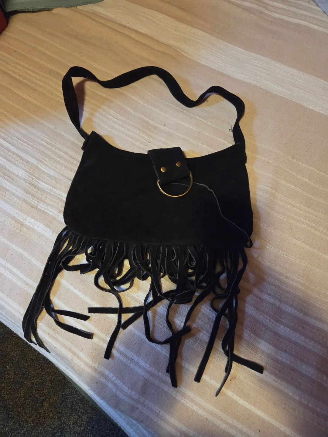 Black Suede Fringe Shoulder Bag