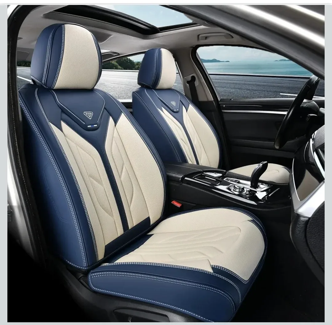 Coverado Leather Car Seat Covers - Full Set (Blue and Beige)