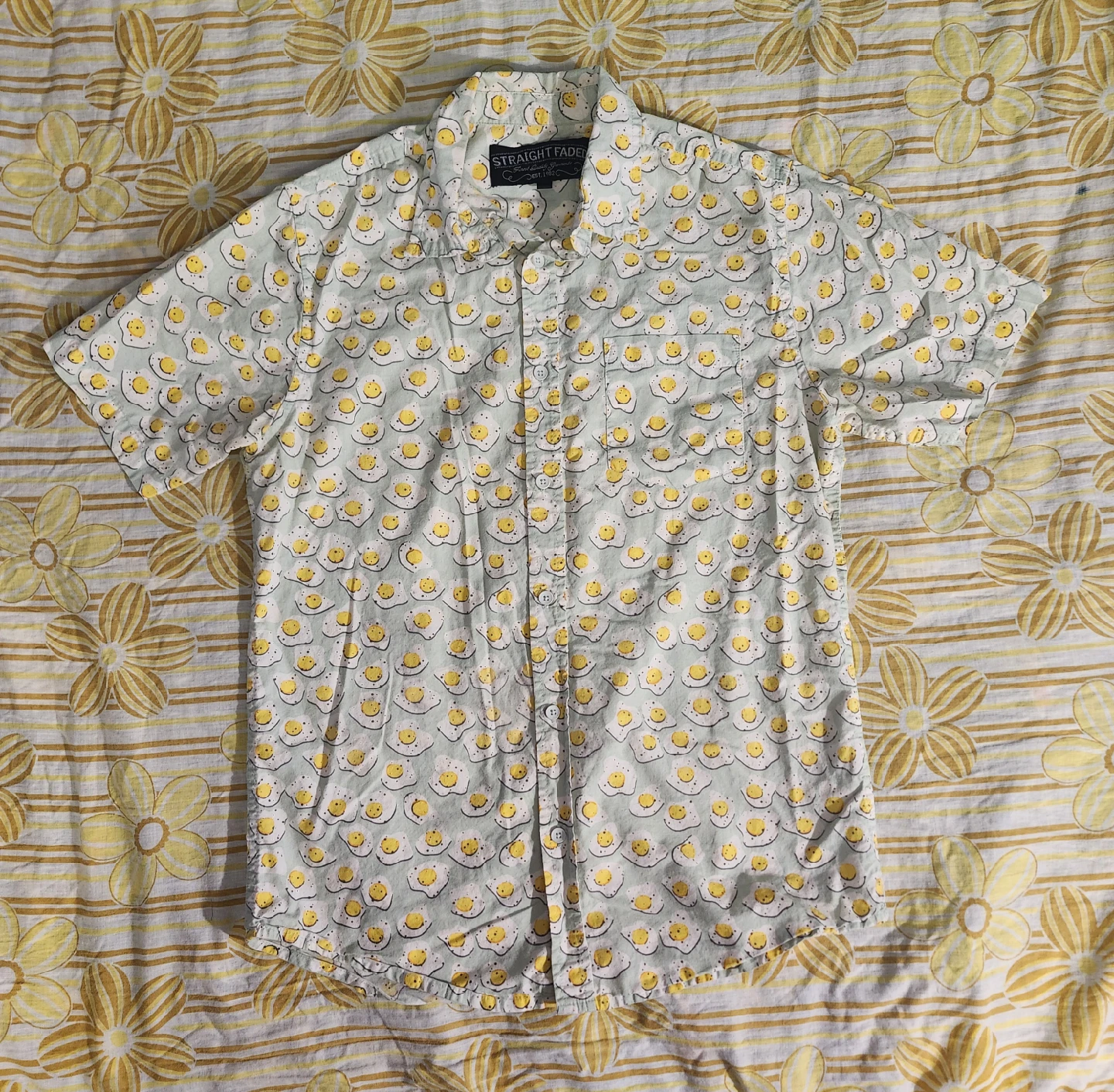 Yellow and white egg print mens button-up shirt