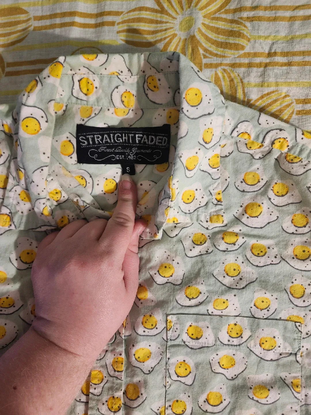 Yellow and white egg print mens button-up shirt image indicator(3)
