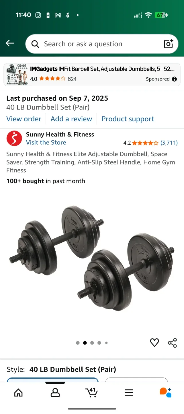 Sunny Health & Fitness 40 LB Dumbbell Set