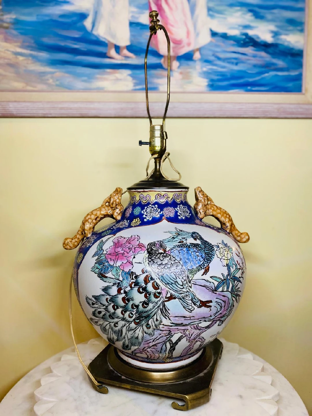 Vintage Floral Peacock Vase Lamp