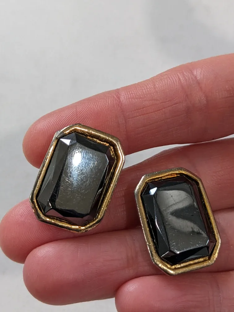 Vintage Cufflinks - Gold Tone & Grey Stone