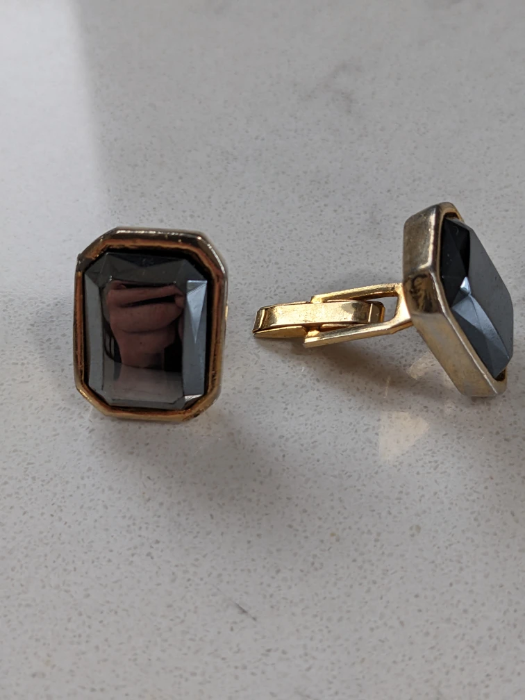 Vintage Cufflinks - Gold Tone & Grey Stone - photo 2