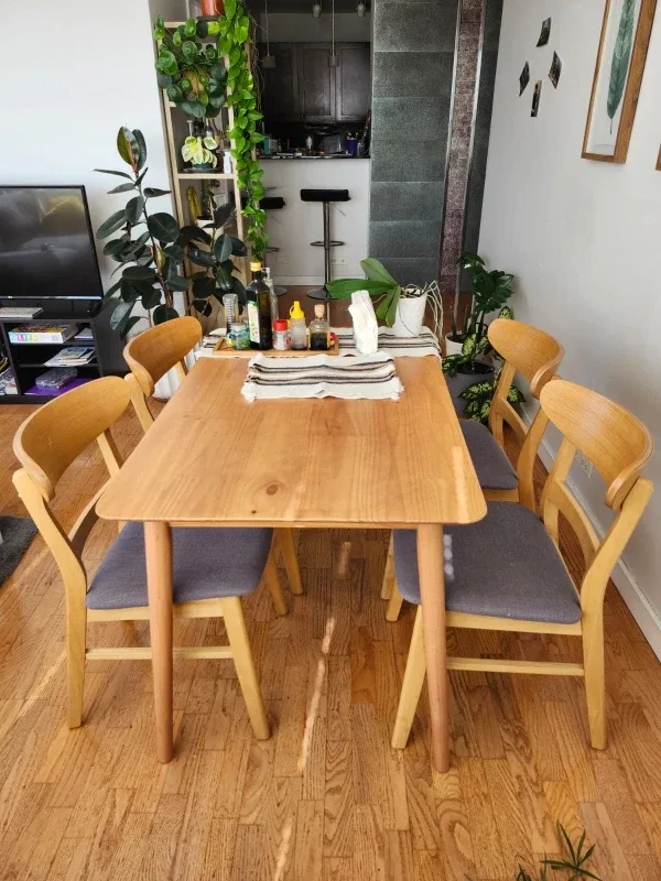 1 Wooden Dining Table + 4 Chairs with Gray Cushions
