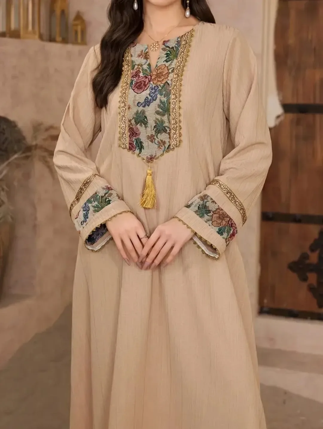 Beige Embroidered Long Sleeve Dress