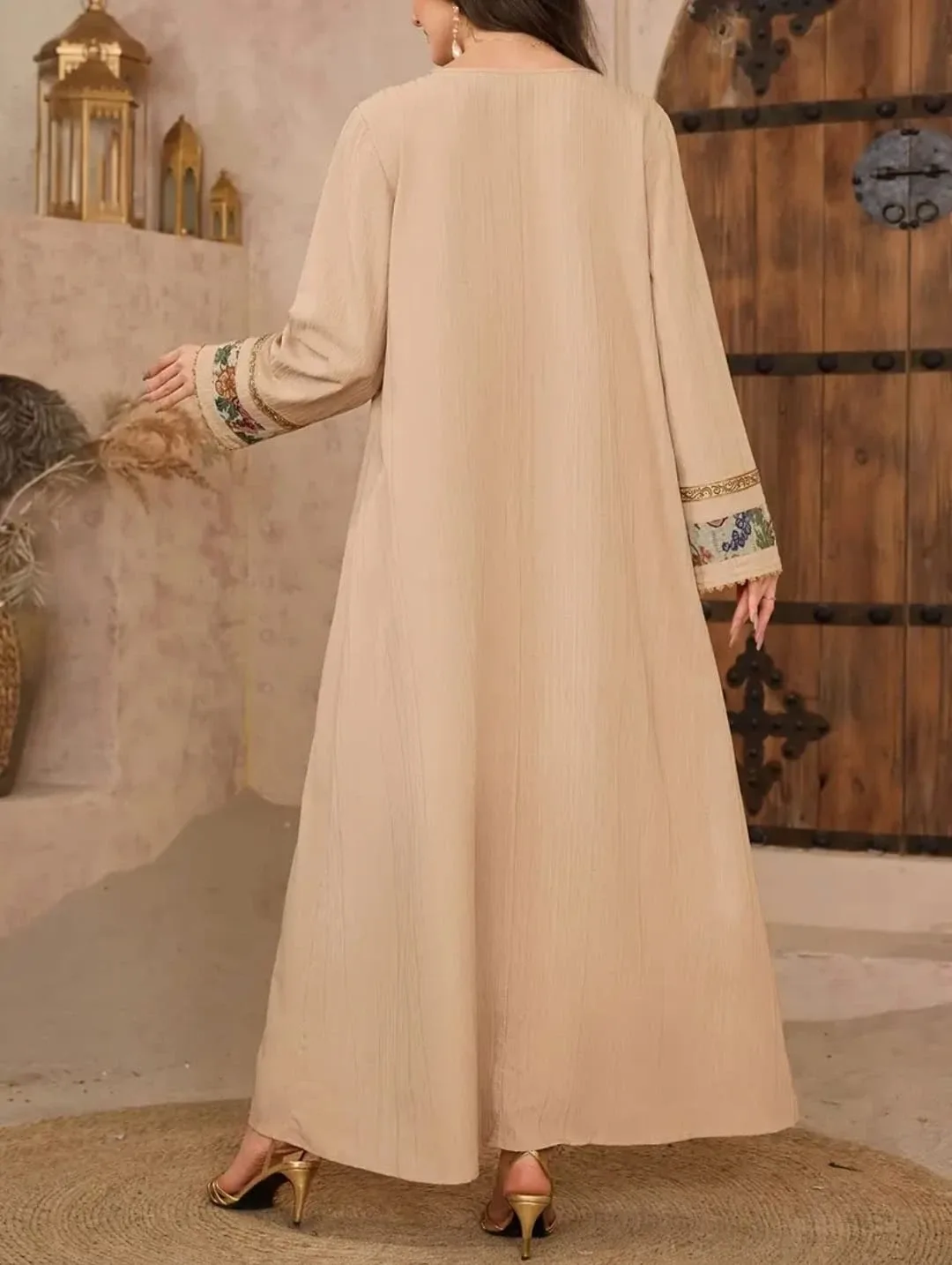Beige Embroidered Long Sleeve Dress image indicator(2)