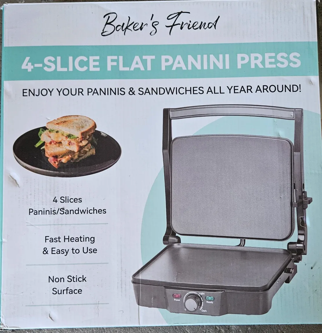 Baker's Friend 4-Slice Flat Panini Press - New!