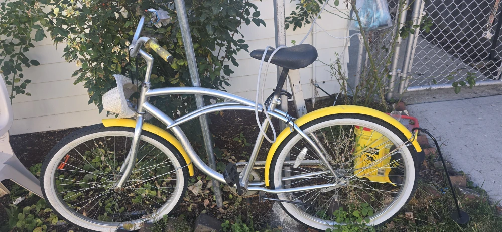 Silver Beach Cruiser Bike w/ Yellow Fenders