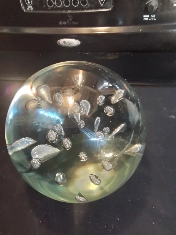 Modernist & Large Clear Controlled Bubbles Art Glass Ball 8"