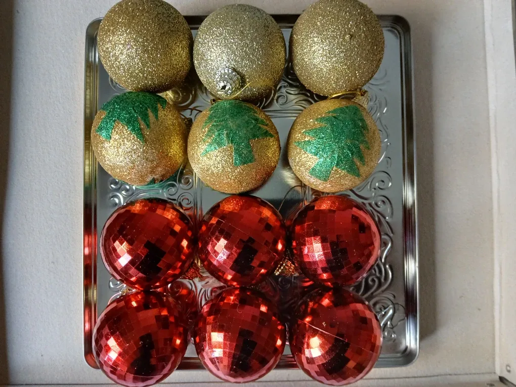 12 Christmas Ornaments - Gold, Green, Red. Firm price.