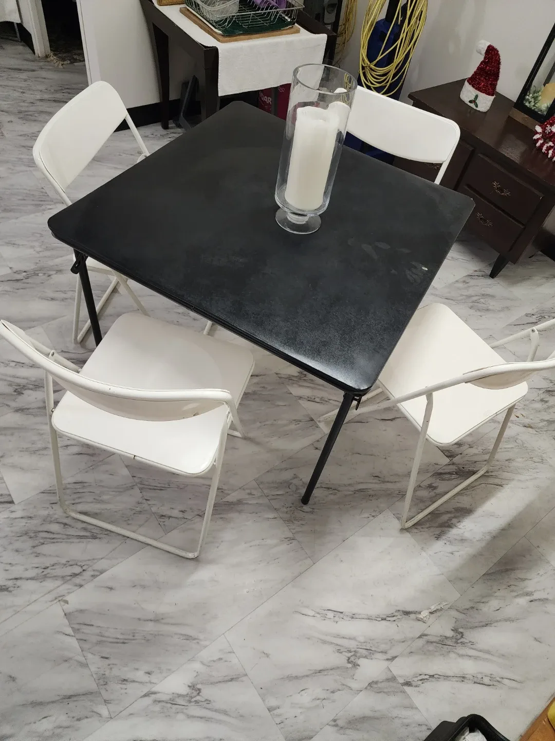 Black Folding Table and 4 White Chairs Set