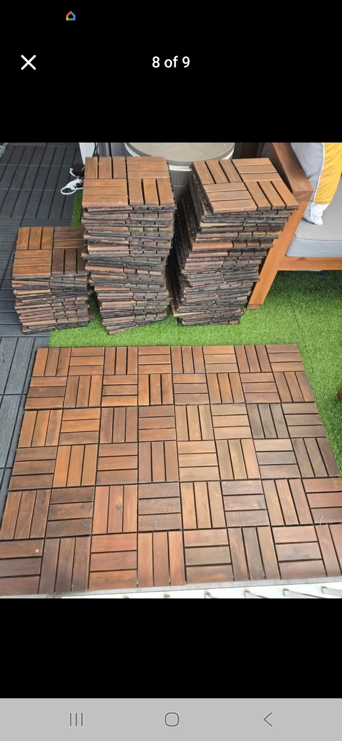 Newly stained ikea wood runnen deck tiles 1ft x 1ft