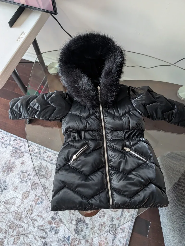 Girls' Black Puffer Coat with Faux Fur Hood (2-3 yrs)