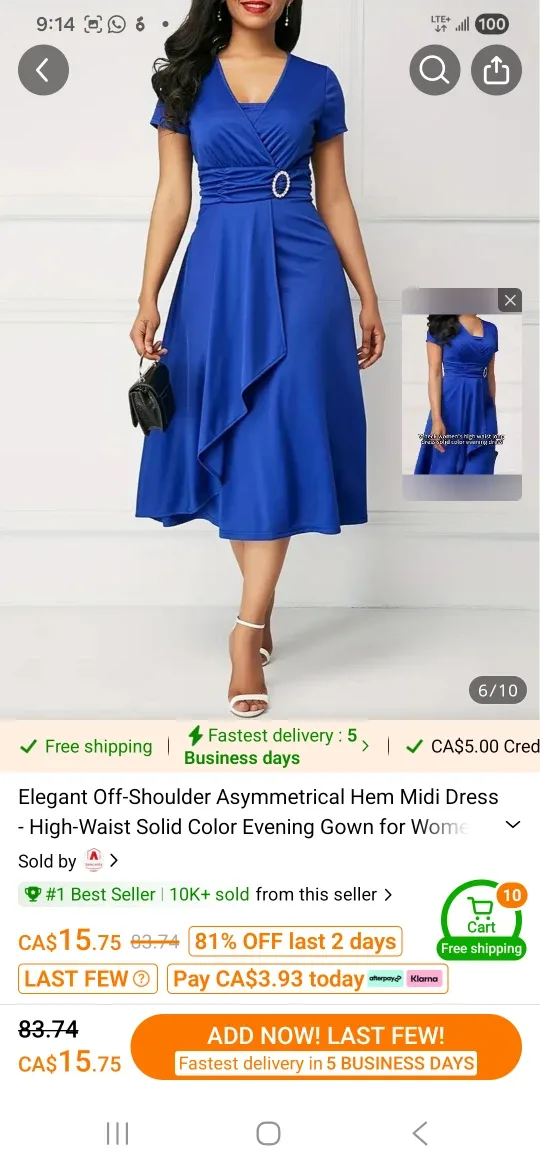 Elegant Blue Midi Dress - Asymmetrical Hem