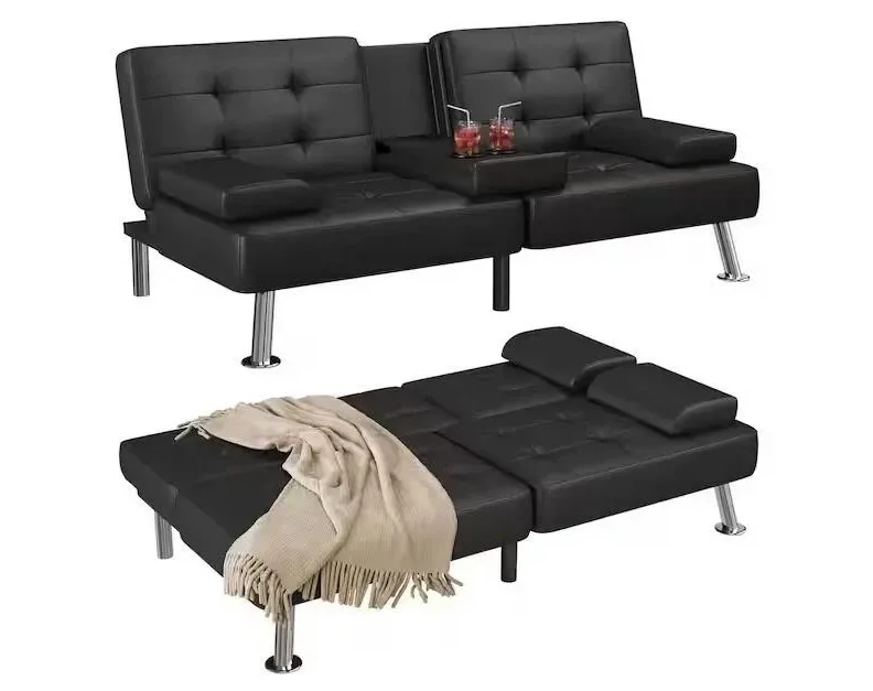 Black Faux Leather Futon Sofa Bed with Cup Holders - NEW image indicator(2)