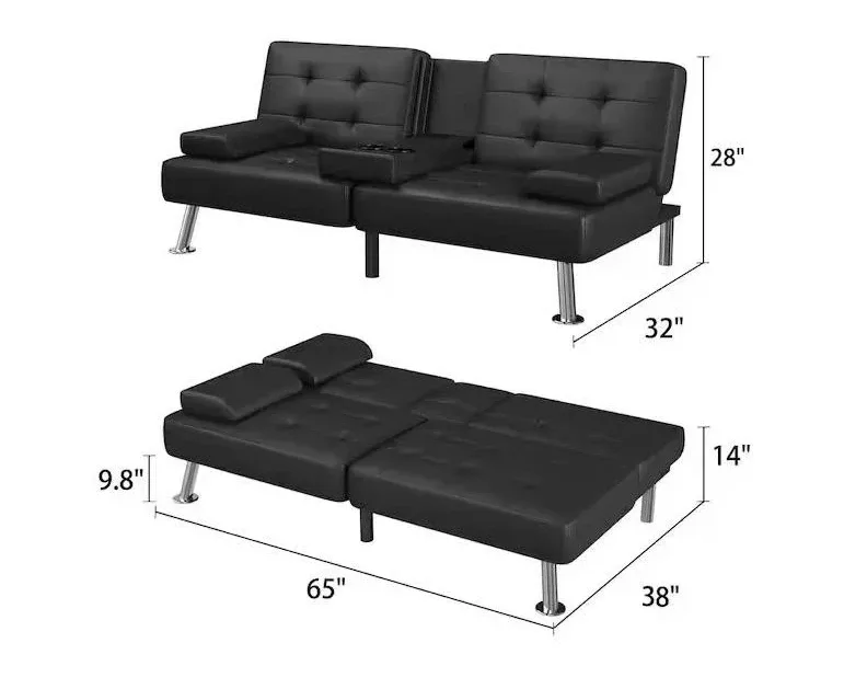 Black Faux Leather Futon Sofa Bed with Cup Holders - NEW image indicator(4)