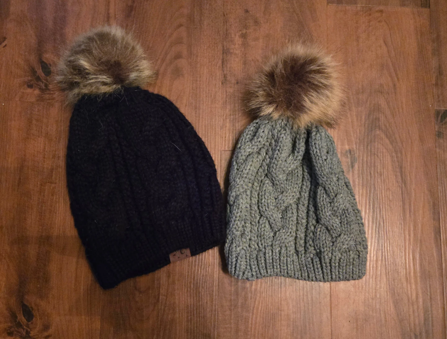 2 Beanies with Faux Fur Pom-Poms