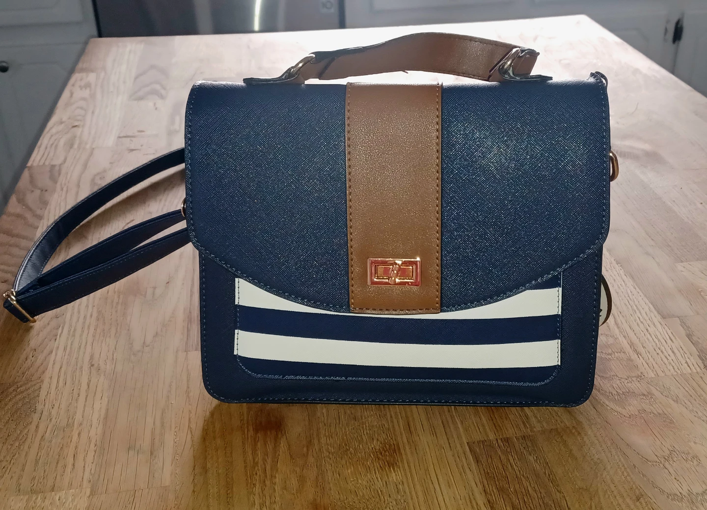 Navy Blue & Brown Shoulder Bag