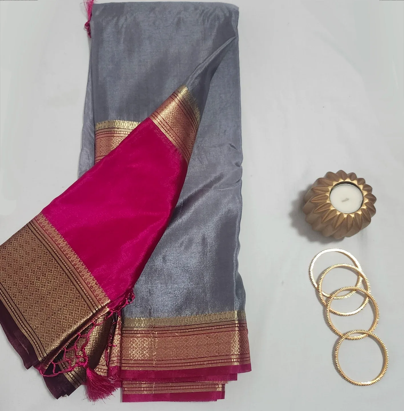 Crepe silk saree grey and Pink image indicator(3)
