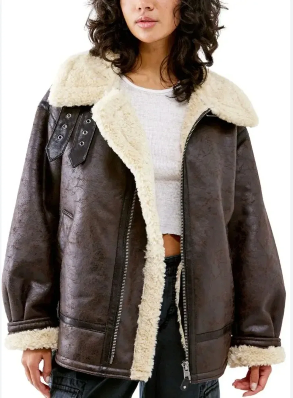 BDG Urban Outfitters Brown Faux Leather Shearling Aviator Coat image indicator(2)