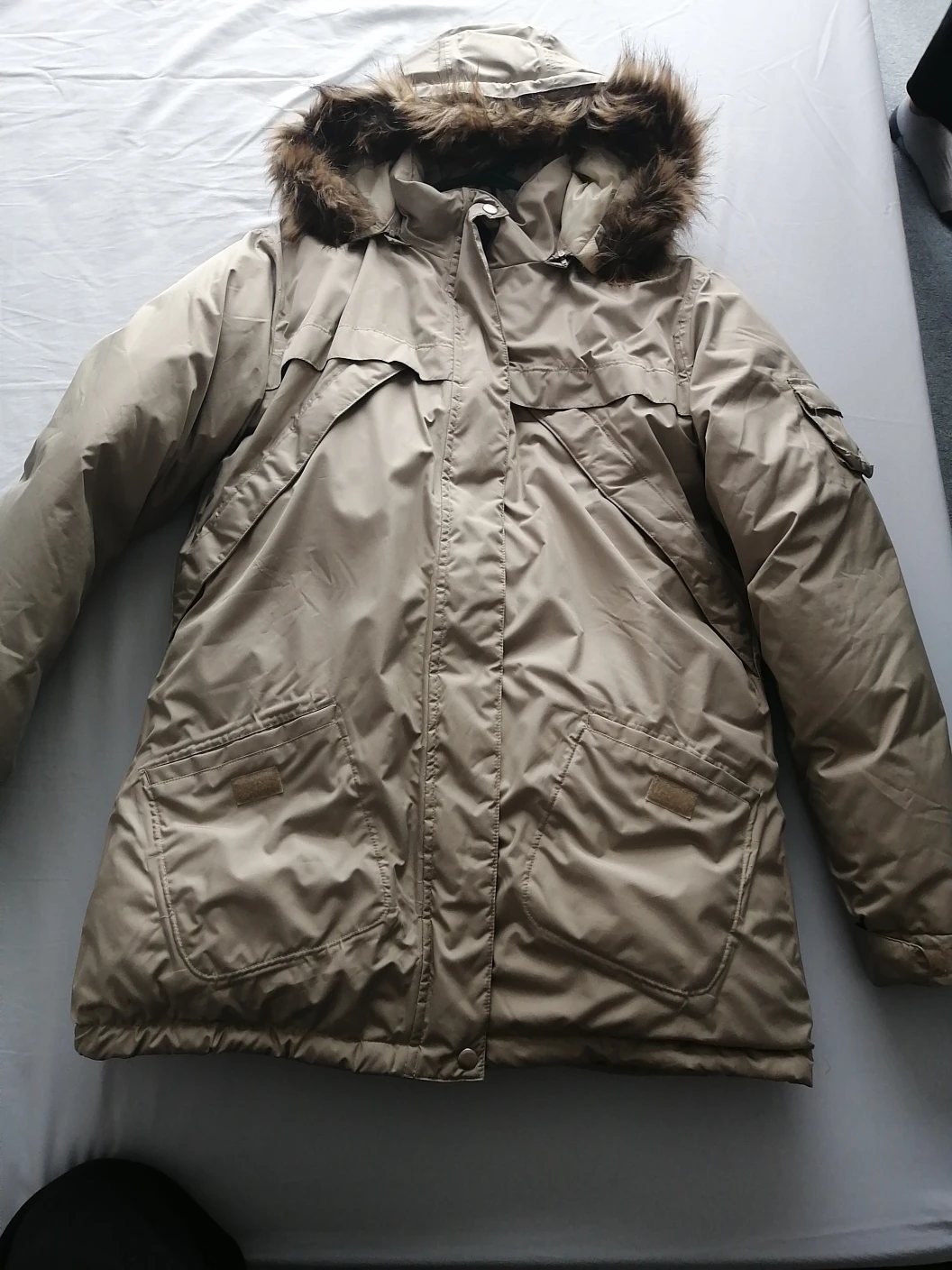 Tan Winter Parka with Faux Fur Hood