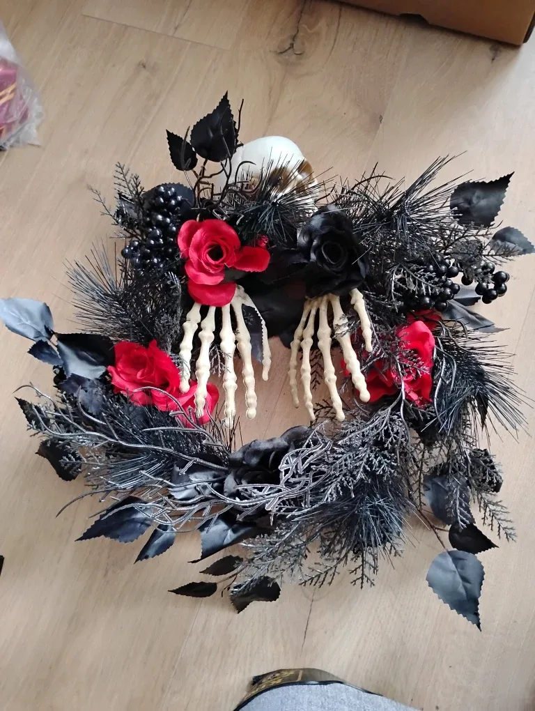Halloween Skeleton & Rose Wreath