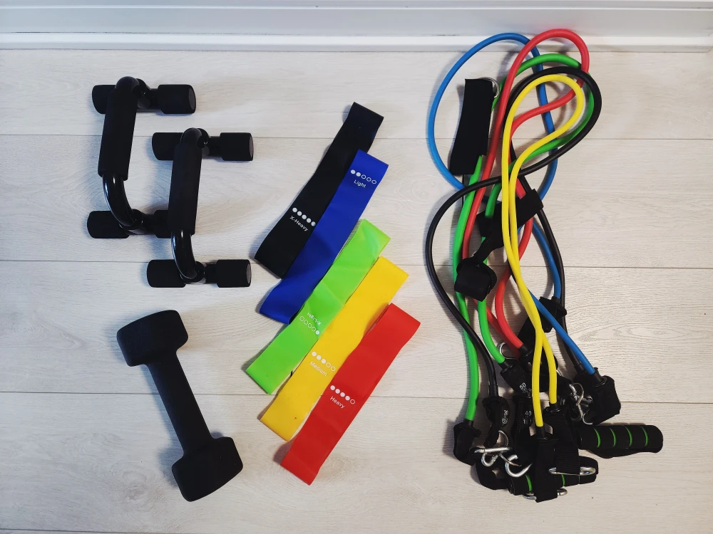 Home Workout Set: Bands, Push-up Bars, Dumbbell