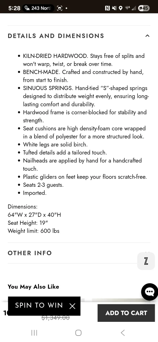 Z Gallerie Gray Tufted Charlotte Banquet Bench image indicator(10)