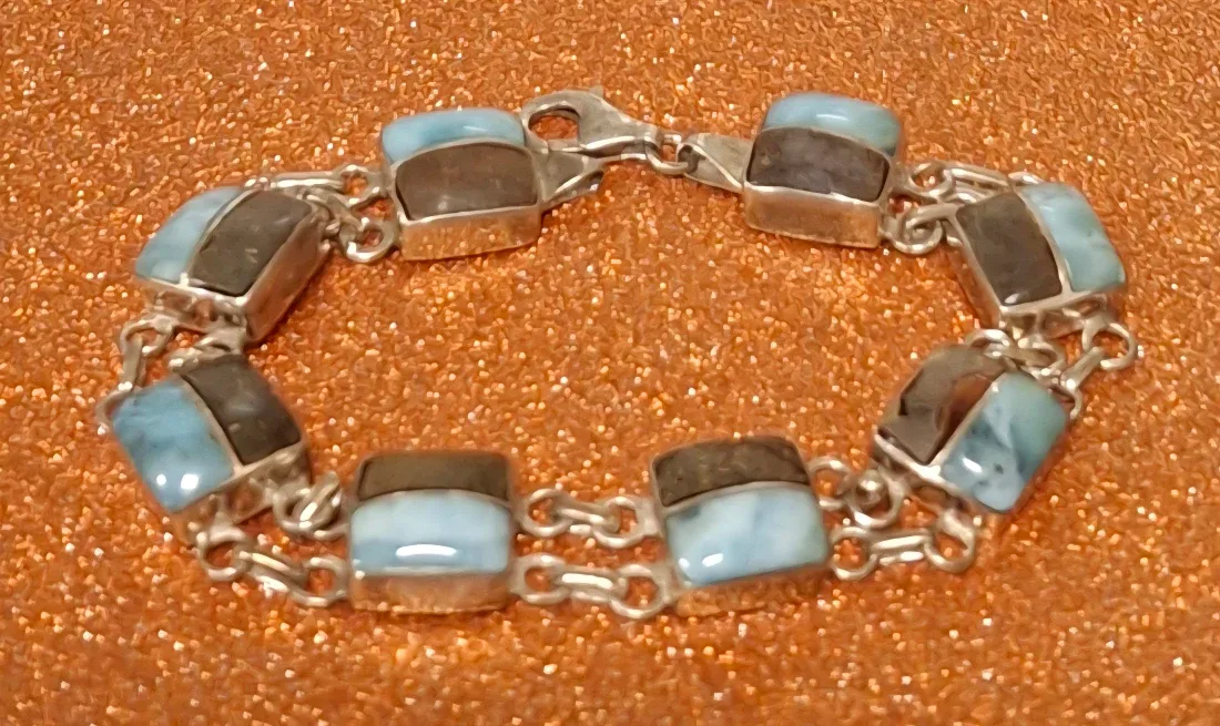 Genuine Larimar & Anber with Sterling Silver Bracelet