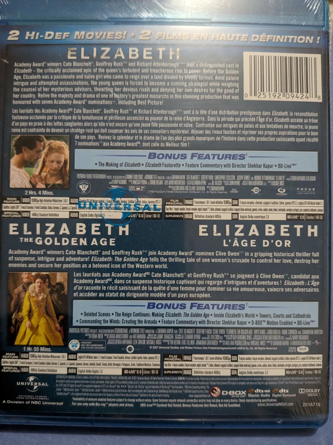 Two dvd blu- ray movie set, double feature Elizabeth sealed pkg image indicator(3)