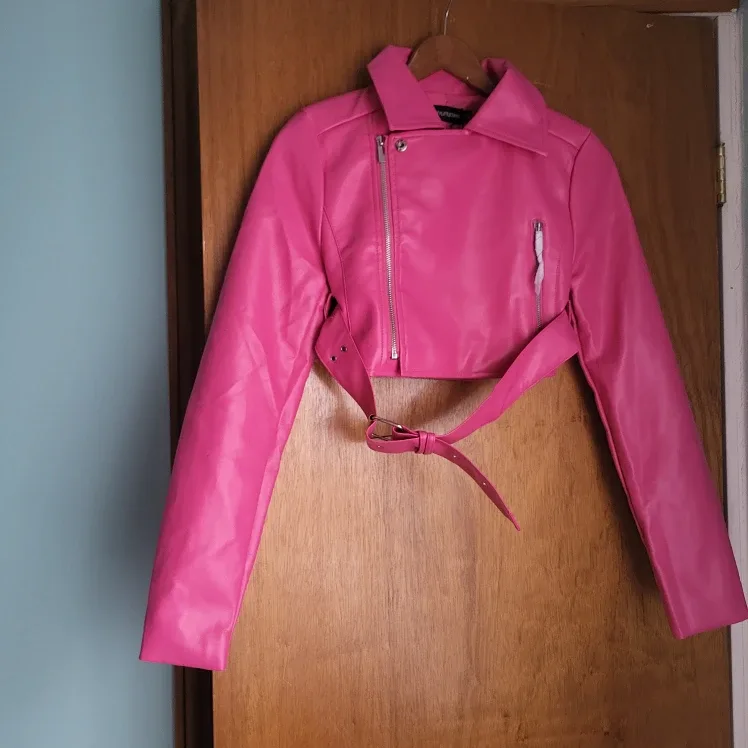 PrettyLittleThing Pink Faux Leather Biker Jacket - Size 6