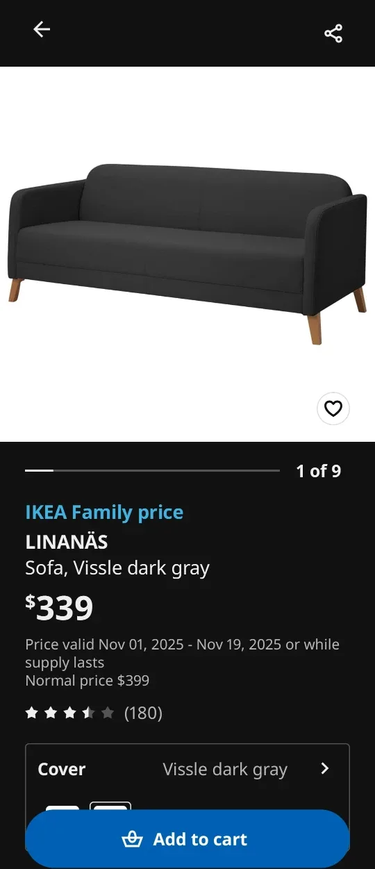 IKEA LINAN�ÄS Vissle Dark Gray Sofa image indicator(3)