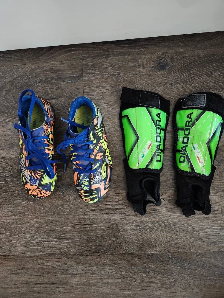 Adidas Soccer Cleats (Kids Size 12) & Diadora Shin Guards