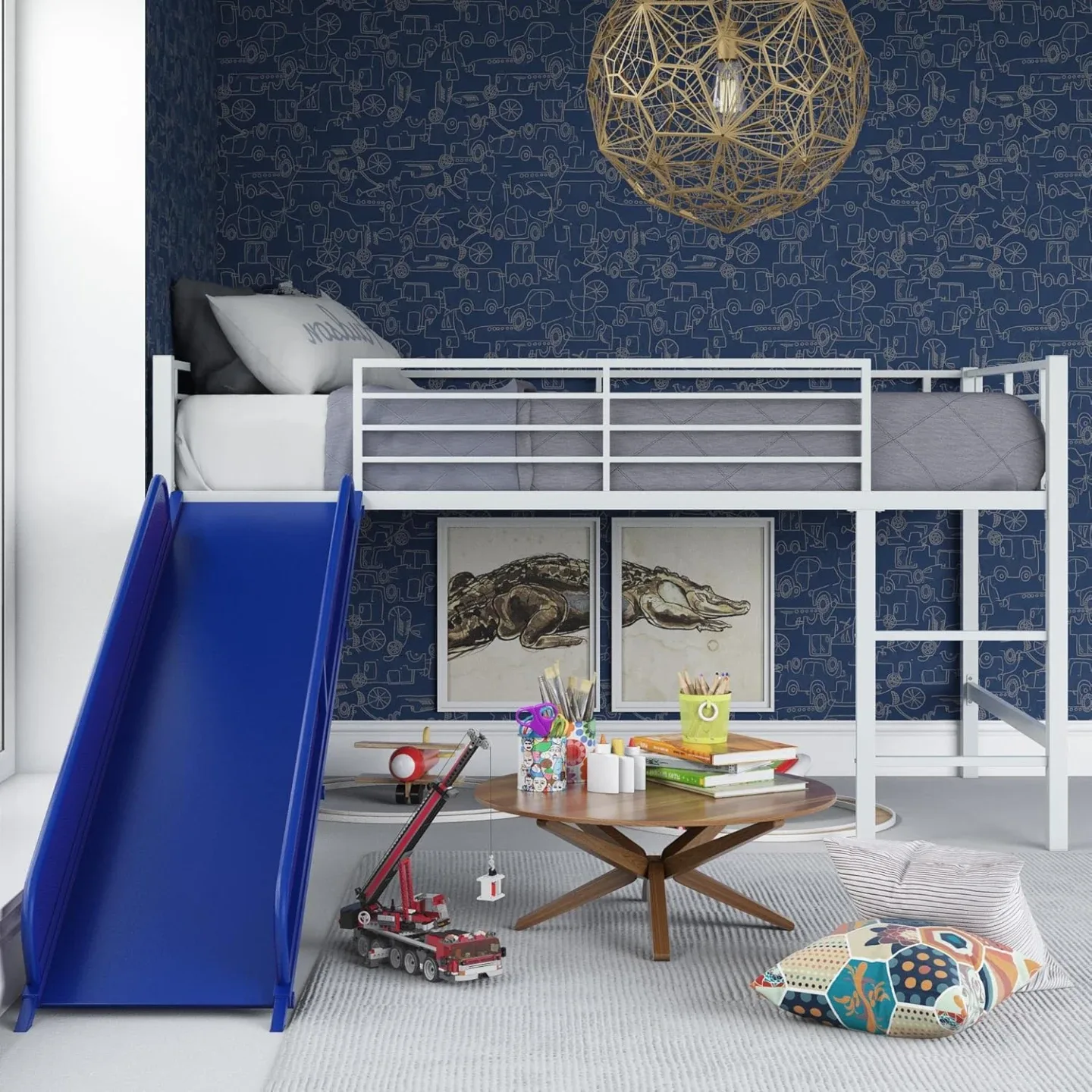 Kids White Metal Loft Bed with Blue Slide