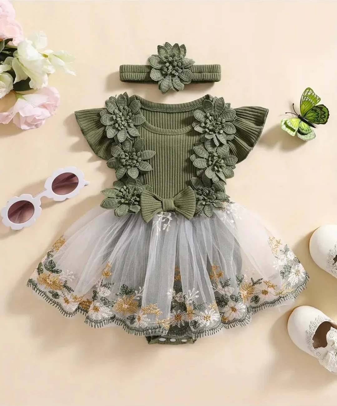 Green Floral Baby Romper with Headband