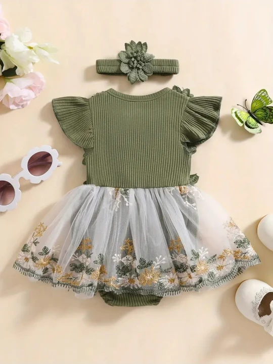 Green Floral Baby Romper with Headband - photo 2