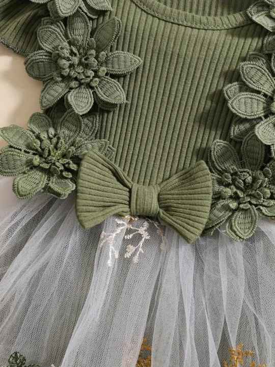 Green Floral Baby Romper with Headband - photo 3