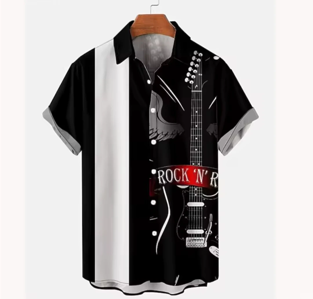 Rock N' R Guitar Print Button Up Shirt