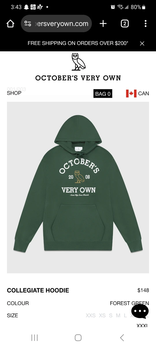 NEW WITH TAGS  OVO Collegiate Hoodie - Forest Green, Size XS