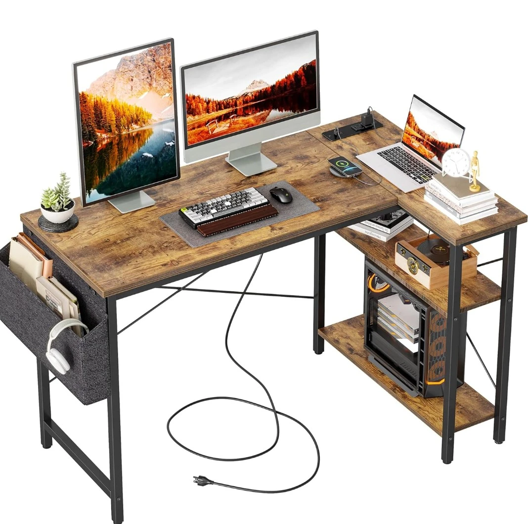 47" L-shaped desk with power outlets and reversible shelves - photo 2